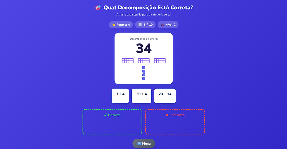 Tela do Jogo com várias decomposições do número para o aluno escolher a certa