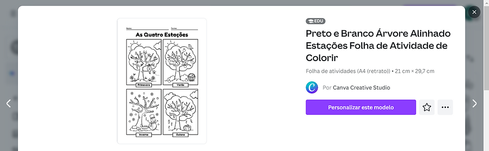 Folha em branco com desenhos em preto e branco de uma árvore em várias estações