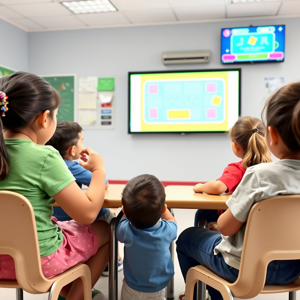 As crianças estão sentadas em grupos nas mesas com as mãos levantadas e olhando para a Televisão à frente, na televisão tem um jogo de matemática