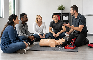 Instructor teaching CPR and AED use to a small group.