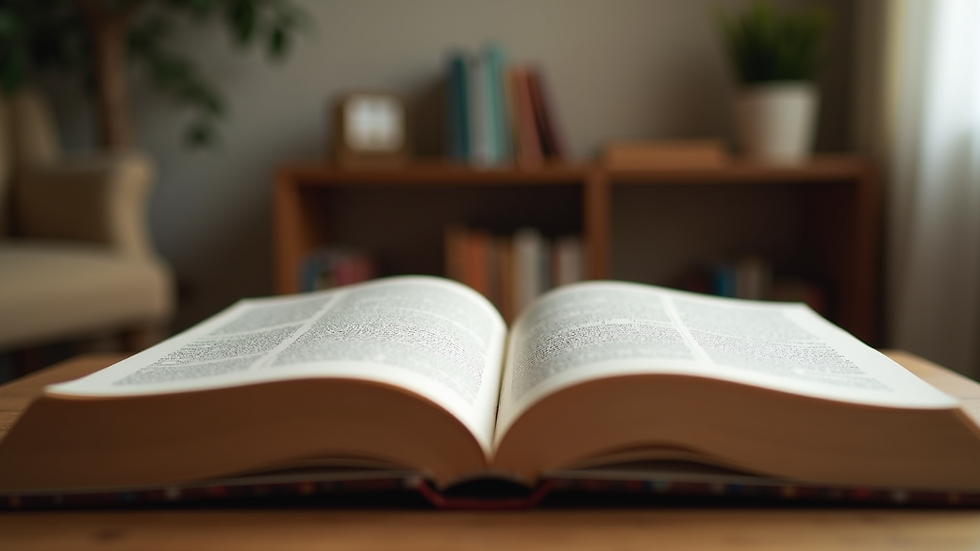 Eye-level view of an open book with a cozy reading nook