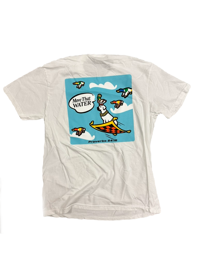 Thumbnail: White Jahpoo Motion Duck Decoy Magic Carpet T-Shirt, Comofort Colors. With a magic carpeet ride dog on the back