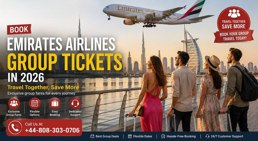 Emirates Airlines group tickets ad with four travelers overlooking Dubai skyline as an Emirates plane flies overhead.