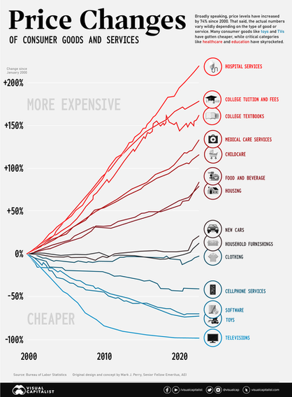 Which goods are less expensive the 20 years ago? Which are more?