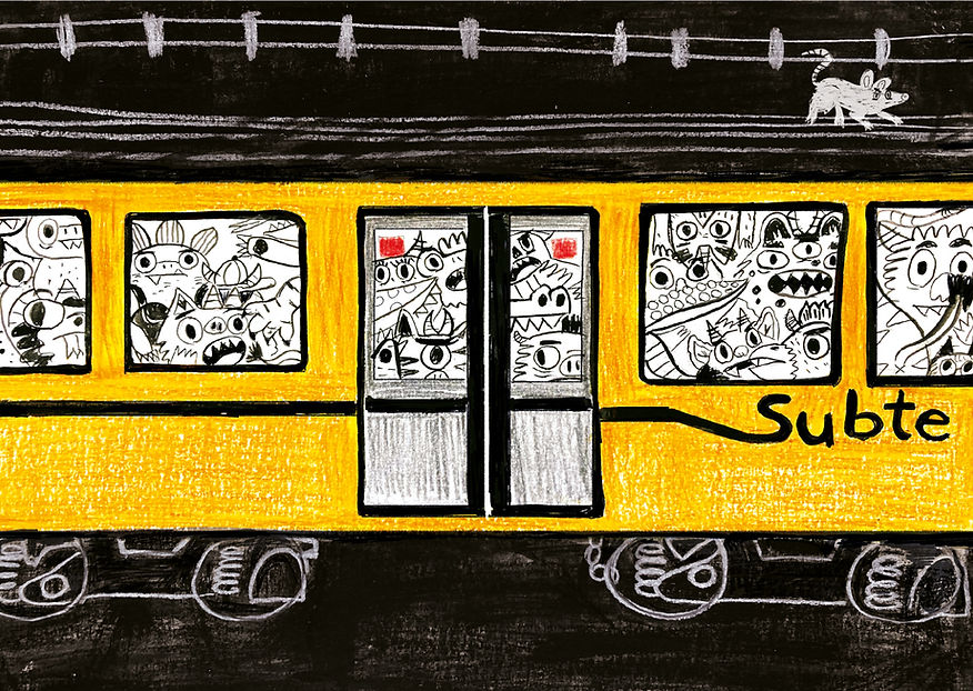 Editorial illustration of monsters riding the subway. Commute hours full of stress and anger. Mixed media drawing