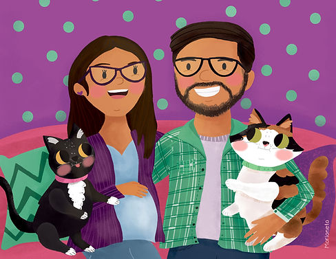 Custom Portrait of married couple with their cats. Cute digital illustration. 