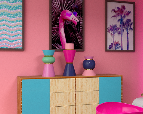Propuesta de diseño en render de sala inspirada en el estilo glam de los años 80. Diseño de muebles, decoración y productos