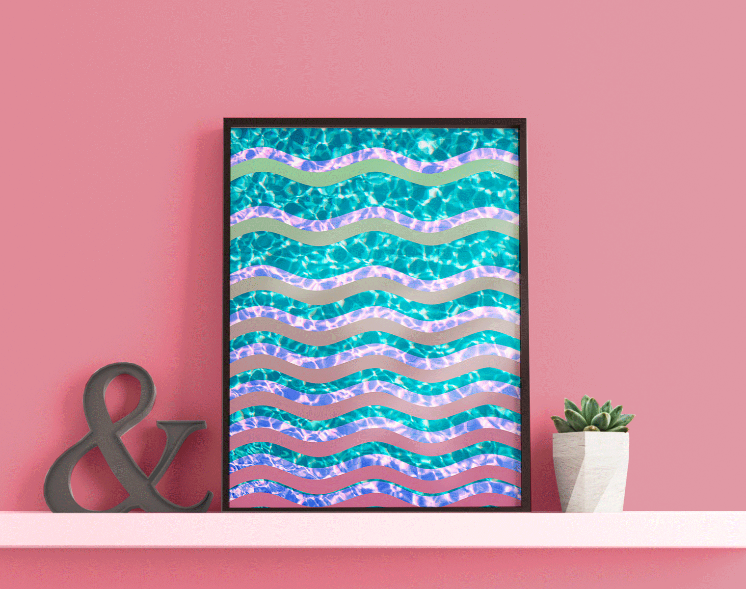 Diseño de cuadros de alberca, flamingo y palmeras inspirados en la estética glam, colorida y neón de los años 80