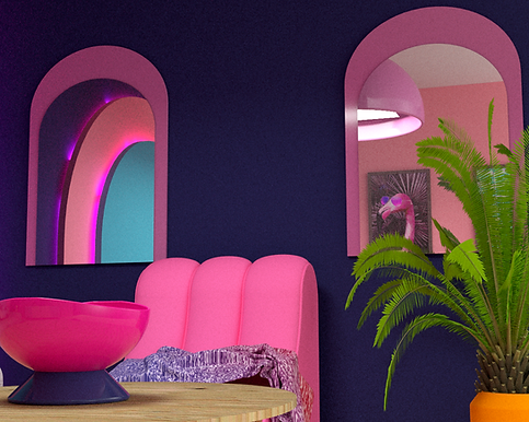 Propuesta de diseño en render de sala inspirada en el estilo glam de los años 80. Diseño de muebles, decoración y productos