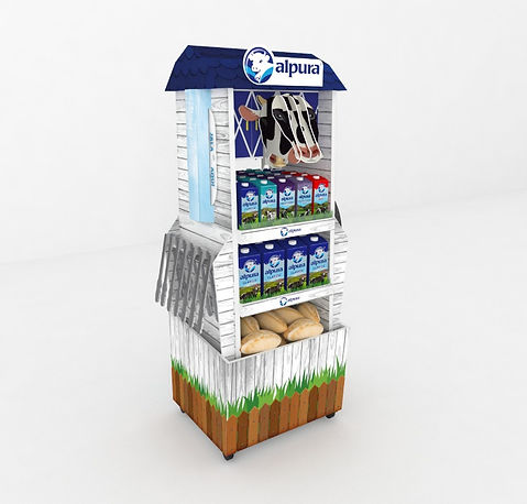 Diseño de exhibidor multimaterial para panaderías y autoservicios de la marca Alpura. Presencia de producto e imagen de la marca, tema de granja con vaca, granero y molino. Diseño premium para puntos de venta. Diseño Industrial POP.
