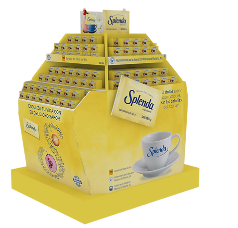 Diseño de exhibidor pallet 4 vistas de Splenda. Diseño de cartón y plástico para exhibición en supermercados. Presencia de producto e imagen de marca. Diseño Industrial POP.
