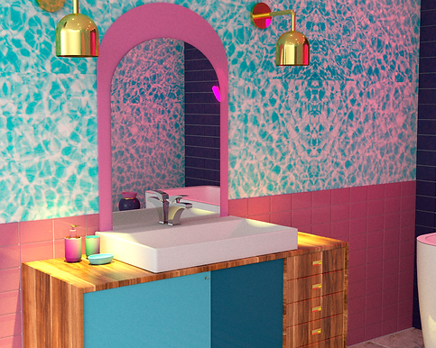 Propuesta de diseño en render de baño inspirada en el estilo glam de los años 80. Diseño de decoración, productos y accesorios
