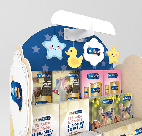 Diseño de revistero multimaterial de madera y plástico de ENFA. Diseño de cuna de bebé, arte gráfico de bebés e infantil. Diseño industrial POP.