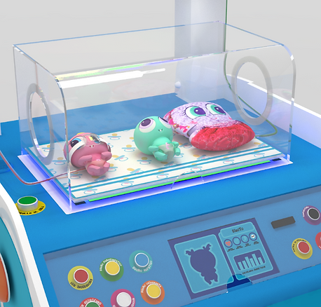 Rediseño de exhibidor de la marca Distroller para jugueterías. Clínica Neonatal interactiva para niños. Mutlimaterial con iluminación LED y elementos interactivos. Diseño Industrial POP. Detalles de la instalación con capelo de acrílico y elementos coloridos con tema de cunero u hospital