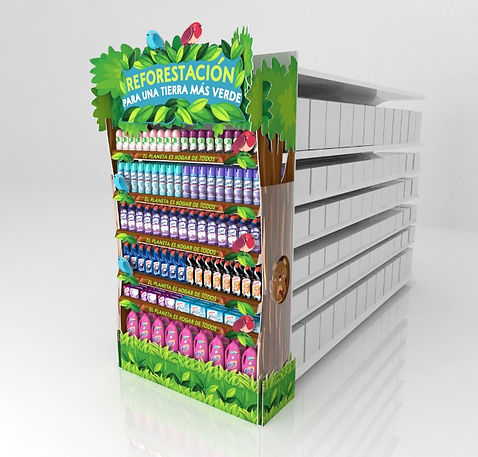 Diseño de exhibición multimaterial para cabecera de góndola de supermercado. Presentación de productos de limpieza con tema de reforestación y cuidado del medio ambiente. Arte gráfico de animales del bosque y naturaleza. Diseño industrial POP.