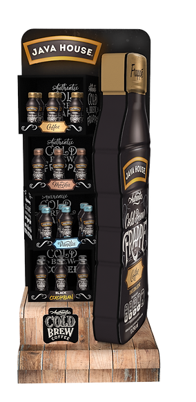 Diseño de exhibidor multimaterial para Java House. Exhibición de producto de café frío. Gigantismo de producto y botella. Diseño para supermercados y puntos de venta. Diseño Industrial POP.