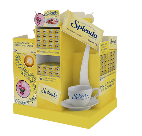 Diseño de exhibidor pallet 4 vistas de Splenda. Diseño de cartón y plástico para exhibición en supermercados. Presencia de producto e imagen de marca. Diseño Industrial POP.