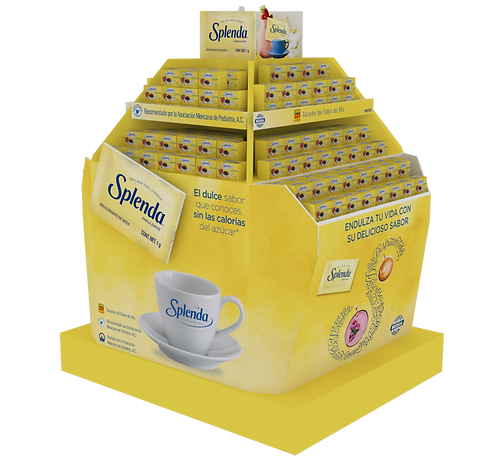 Diseño de exhibidor pallet 4 vistas de Splenda. Diseño de cartón y plástico para exhibición en supermercados. Presencia de producto e imagen de marca. Diseño Industrial POP.