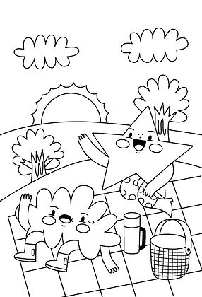Mis Emociones coloring book interior illustration. Vector drawing of Star with Cloud surprised by sundown