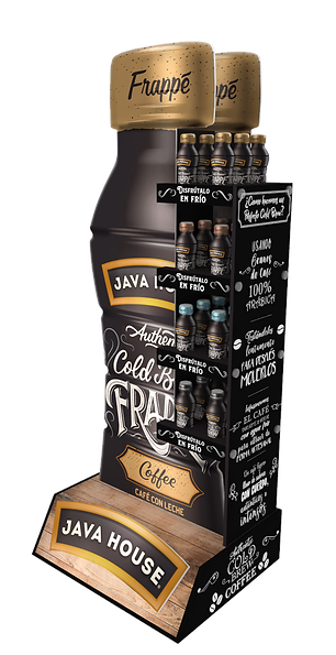 Diseño de exhibidor multimaterial para Java House. Exhibición de producto de café frío. Gigantismo de producto y botella. Diseño para supermercados y puntos de venta. Diseño Industrial POP.