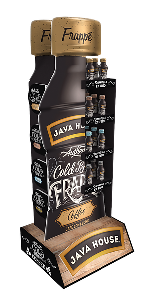 Diseño de exhibidor multimaterial para Java House. Exhibición de producto de café frío. Gigantismo de producto y botella. Diseño para supermercados y puntos de venta. Diseño Industrial POP.