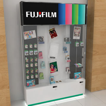 Diseño Render POP Retail Instax y Fujifilm. Diseño de exhibidores en multimaterial. 