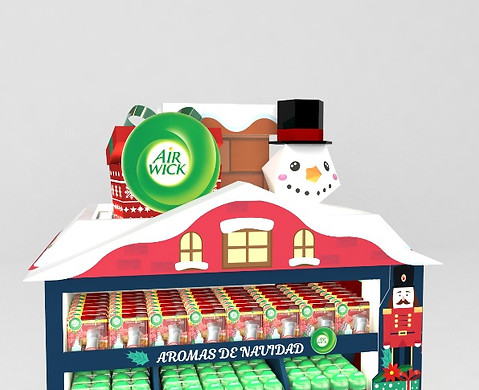 Diseño de exhibidor de cartón 4 vistas. Diseño de Pallet para supermercado con temática navideña de la marca Air Wick.Elementos navideños como muñeco de nieve y chimenea.. Diseño industrial POP.