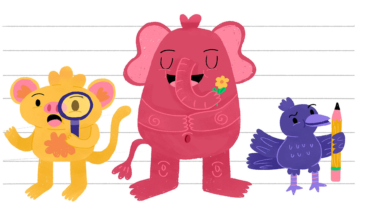 Character design for childrens magazine Sic Sac Suc. Cute digital illustration of animal like characters