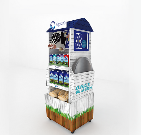 Diseño de exhibidor multimaterial para panaderías y autoservicios de la marca Alpura. Presencia de producto e imagen de la marca, tema de granja con vaca, granero y molino. Diseño premium para puntos de venta. Diseño Industrial POP.