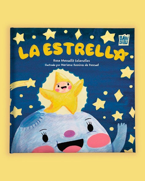 Book cover illustration of picture book for kids.Cute illustration of a yellow star with the Moon smiling at each other.