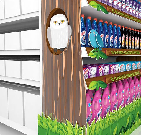 Diseño de exhibición multimaterial para cabecera de góndola de supermercado. Presentación de productos de limpieza con tema de reforestación y cuidado del medio ambiente. Arte gráfico de animales del bosque y naturaleza. Diseño industrial POP.