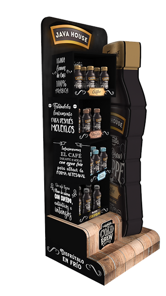 Diseño de exhibidor multimaterial para Java House. Exhibición de producto de café frío. Gigantismo de producto y botella. Diseño para supermercados y puntos de venta. Diseño Industrial POP.