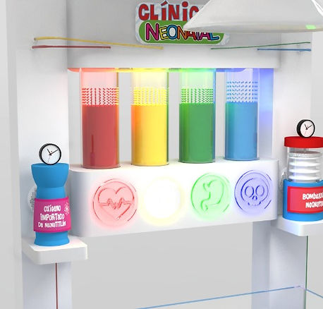 Rediseño de exhibidor de la marca Distroller para jugueterías. Clínica Neonatal interactiva para niños. Mutlimaterial con iluminación LED y elementos interactivos. Diseño Industrial POP. Detalles de la instalación con luces LED y elementos coloridos con tema de cunero u hospital.