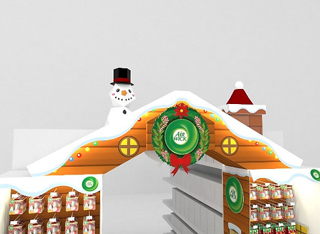 Diseño de exhibidor para Navidad de la marca Air Wick. Arco pasillo para góndola de supermercado. Diseño en corrugado y multimaterial con exhibición de producto. Diseño industrial POP.