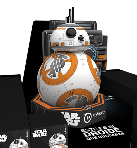 Diseño de exhibidor para supermercados de sphero. Pallet de exhibición de producto de Star Wars. BB-8 como diseño central. Diseño industrial POP.