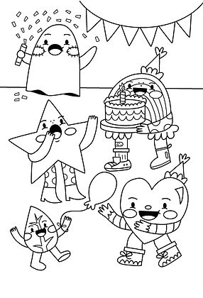Mis Emociones coloring book interior illustration. Vector drawing of a surprise party with friends.