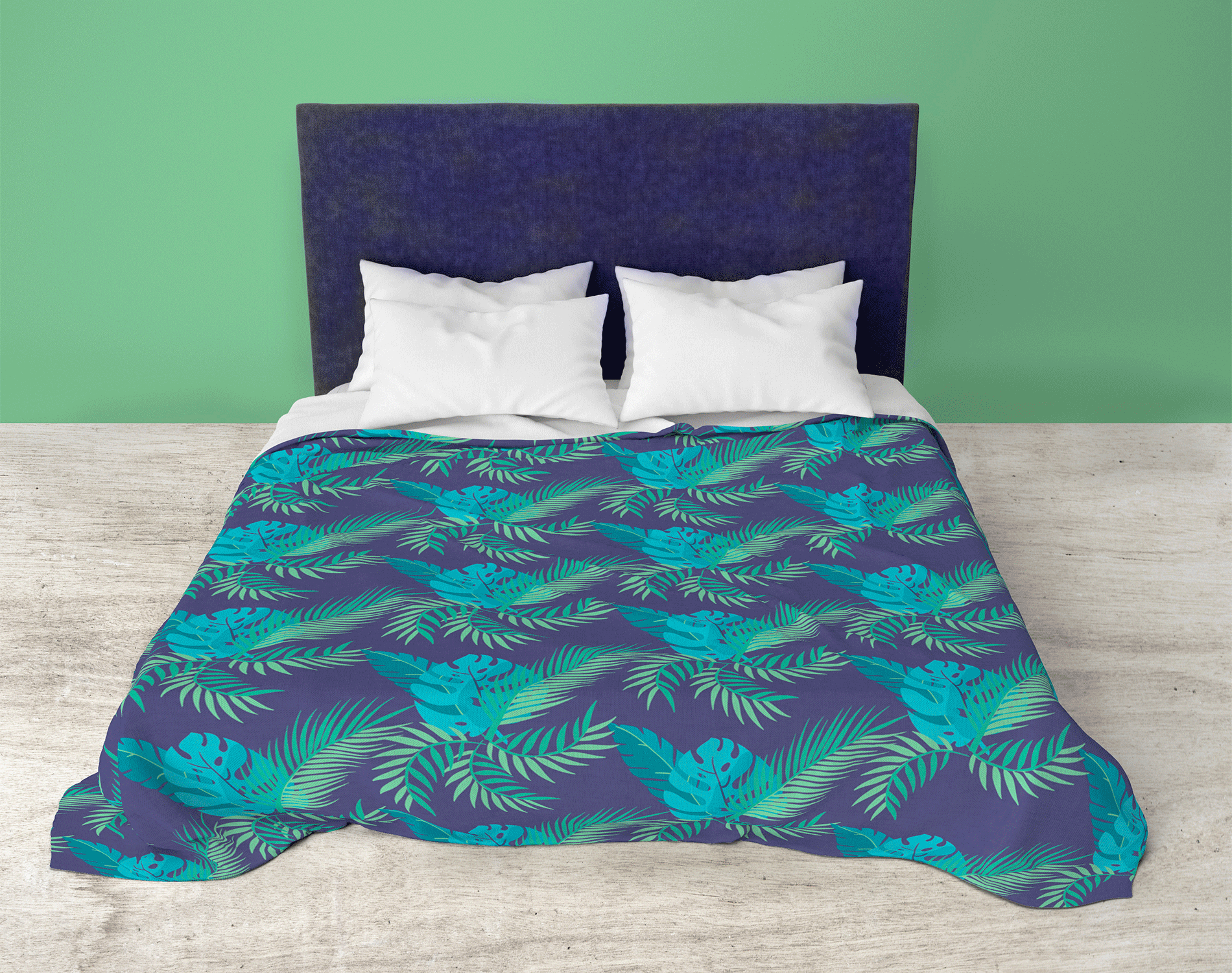 Diseño de colchón o ropa de cama de hojas selváticas y palmeras inspiradas en la estética glam y colorida de los años 80