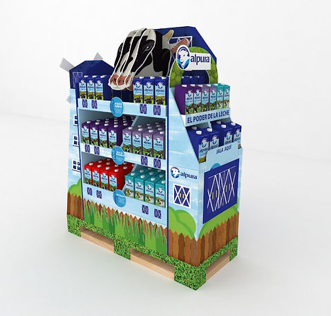 Diseño de exhibidor en cartón y plásticos de la marca Alpura. Diseño de medio pallet para supermercados. Identidad de marca y exhibición de producto. Diseño con molino, granja y cabeza de vaca. Diseño Industrial POP