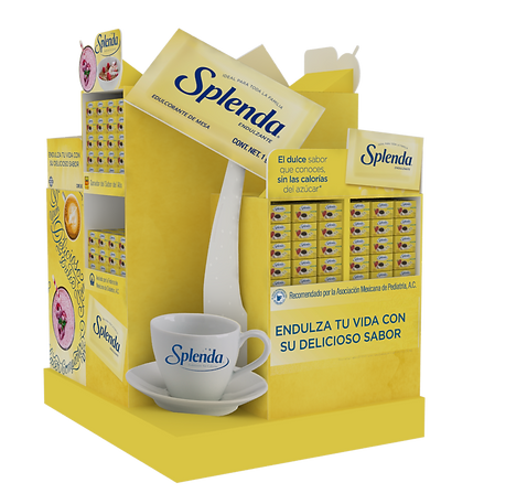 Diseño de exhibidor pallet 4 vistas de Splenda. Diseño de cartón y plástico para exhibición en supermercados. Presencia de producto e imagen de marca. Diseño Industrial POP.