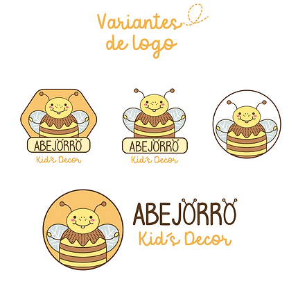 identidad de marca con personaje de abejorro, marca infantil de decoración tierna con diseño vectorial. Propuestas de variantes de logo con color