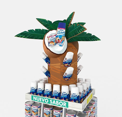 Diseño de exhibidor 4 vistas de la Lechera. Presentación y exhibición de nuevo producto sabor coco para supermercados. Diseño playero con palmera y cocos en cartón. Diseño industrial POP.