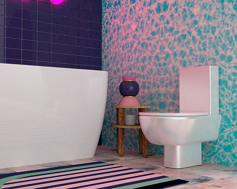 Propuesta de diseño en render de baño inspirada en el estilo glam de los años 80. Diseño de decoración, productos y accesorios