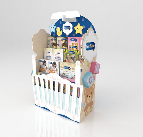 Diseño de revistero multimaterial de madera y plástico de ENFA. Diseño de cuna de bebé, arte gráfico de bebés e infantil. Diseño industrial POP.