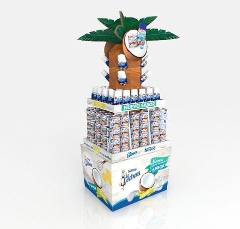Diseño de exhibidor 4 vistas de la Lechera. Presentación y exhibición de nuevo producto sabor coco para supermercados. Diseño playero con palmera y cocos en cartón. Diseño industrial POP.