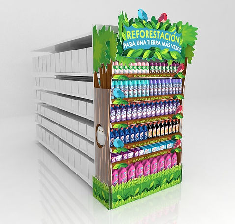 Diseño de exhibición multimaterial para cabecera de góndola de supermercado. Presentación de productos de limpieza con tema de reforestación y cuidado del medio ambiente. Arte gráfico de animales del bosque y naturaleza. Diseño industrial POP.