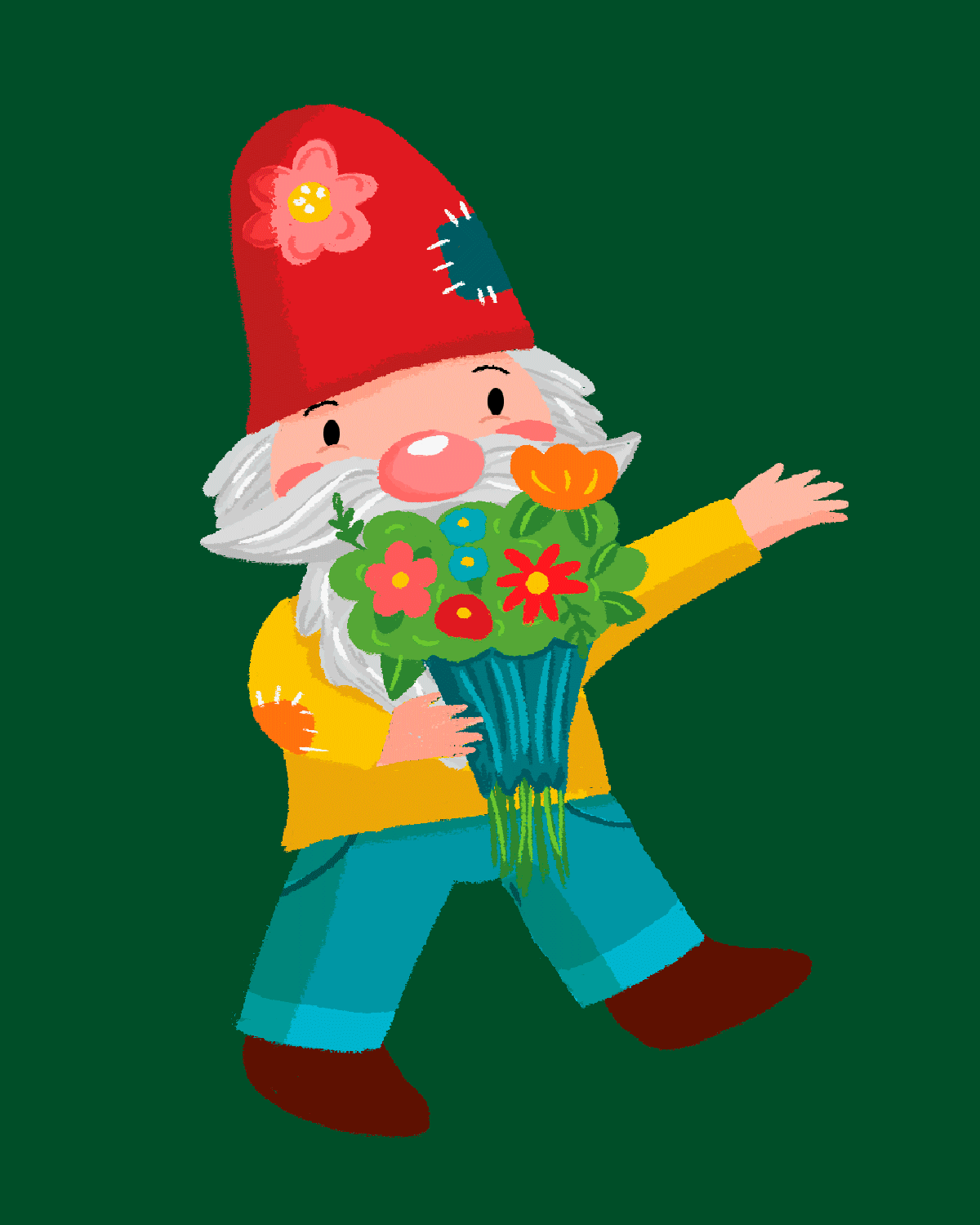 Diseño de personajes. Ilustración de gnomos coloridos y tiernos con distintos elementos. Gnomos con lentes, libros, helados y flores. Ilustración infantil y juvenil.