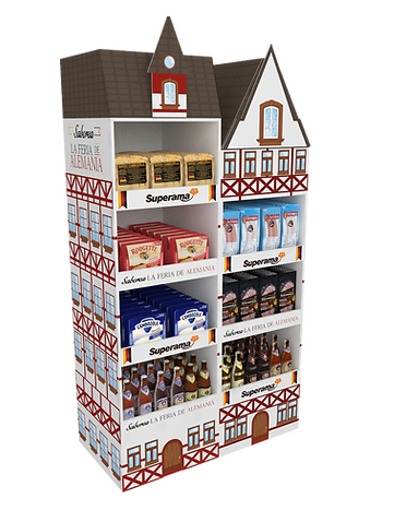 Diseño de exhibidor floorstand Feria de Alemania de Superama. Exhibición de productos importados de Alemania. Temática de casas tradicionales alemanas. Diseño Industrial POP.