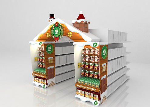 Diseño de exhibidor para Navidad de la marca Air Wick. Arco pasillo para góndola de supermercado. Diseño en corrugado y multimaterial con exhibición de producto. Diseño industrial POP.