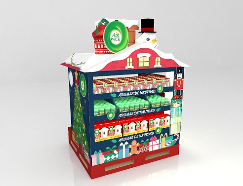 Diseño de exhibidor de cartón 4 vistas. Diseño de Pallet para supermercado con temática navideña de la marca Air Wick.Elementos navideños como muñeco de nieve y chimenea.. Diseño industrial POP.
