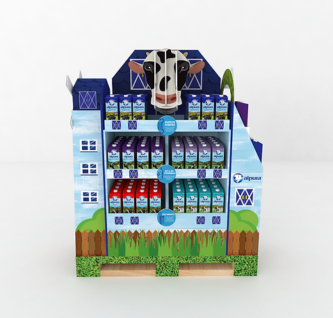 Diseño de exhibidor en cartón y plásticos de la marca Alpura. Diseño de medio pallet para supermercados. Identidad de marca y exhibición de producto. Diseño con molino, granja y cabeza de vaca. Diseño Industrial POP